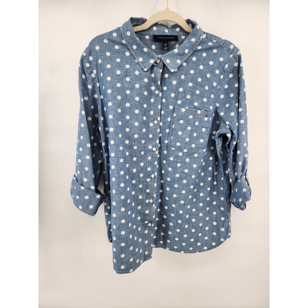 Tommy Hilfiger Womens XL Blue White Polka‎ Dot Chambray Button Down Shirt Cotton